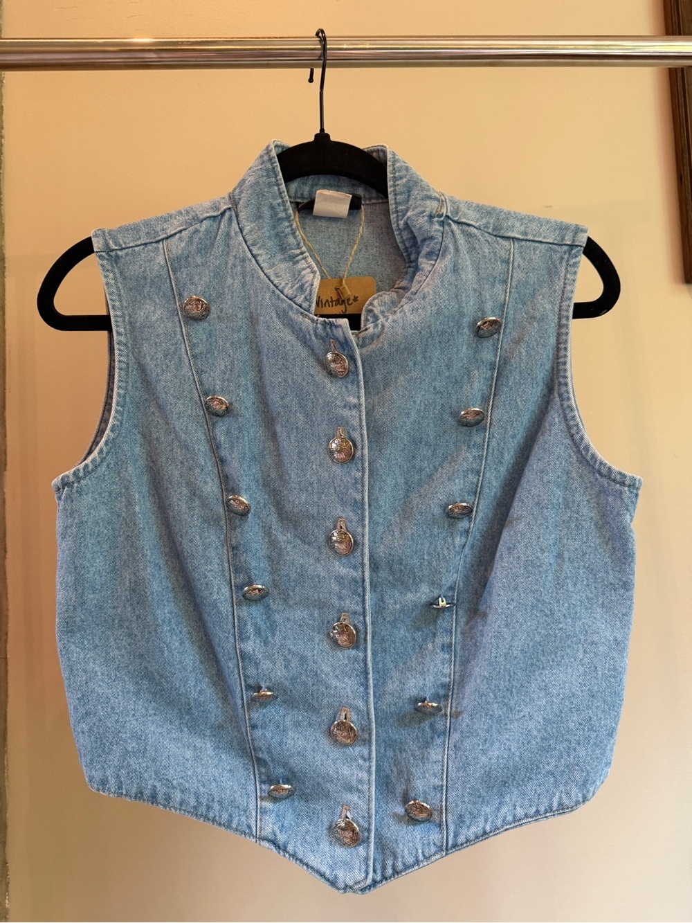 Vintage NFR Western Light Blue Denim Vest with Decorative Buttons Military Style